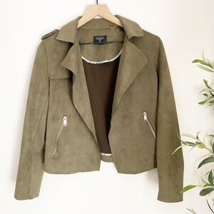 Tahari Jacket Green Vegan Zipper Moto Suede Faux Leather Small
